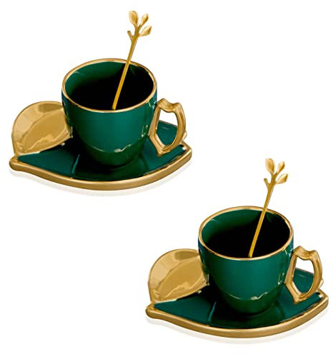 Winlauyet Set of 2 Porcelain Cups Leaf-Shape Handle Espresso Cup with Saucers and Spoon Coffee Tea Cup - 165 ml/5.58 oz