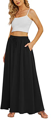 Yincro Women's Flowy Maxi Skirt Summer Pleated High Waisted Casual Long Skirts with Pockets (Black, S)