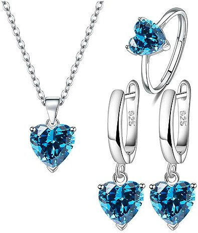 TOEECY Herz Schmuckset für Damen und Mädchen Kristalle 925 Silber Versilbert Anhänger Halskette Ohrringe Ringe Set Zirkonia Geschenk für Hochzeitstag(Blau)