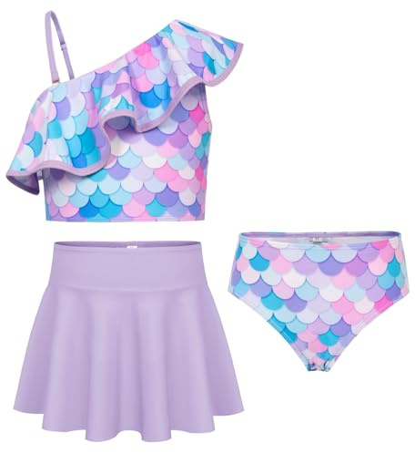 Traje de baño Verano Niñas 3 Piezas Tops+Bañador+Falda Traje de baño Violeta Sirena 7 Años