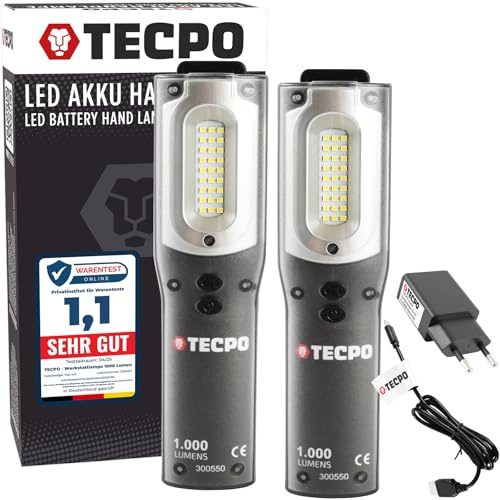 TECPO 2x Werkstattlampe Akku Handlampe 1000 Lumen LED Arbeitsleuchte Stableuchte IP54