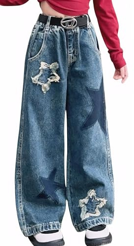 Maeau Jeans Fille 7 8 Ans Pantalon Denim Jambe Large Jean Jambes Larges Enfant Fille Pantalon Droit Ample Jeans Taille Élastique Haute Ado Fille Pantalon Baggy Jeans Evasé Bootcut Bleu Printemps 130