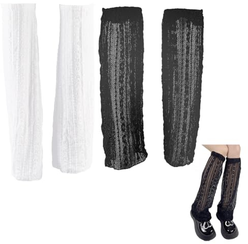 CABODYALS 2 par de Calcetines de Malla Hasta la Rodilla, Negros Y Blancos, Largos Y Finos de Verano con Encaje Floral, Calados Hasta la Pantorrilla, Mangas Calentadoras de Piernas, Calcetines de Rejil