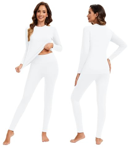 AMZSPORT Women's Thermal Underwear Set, Long Johns Fleece Base Layer, Winter Warm Long Sleeve Top & Soft Leggings for Ladies White S