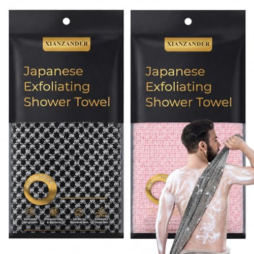 XIANZANDER Exfolierande duschhandduk, 2-pack extra lång ryggskrubbare | Exfolierande tvättduk i japansk stil för män och kvinnor, kroppsskrubb för djuprengöring och spa
