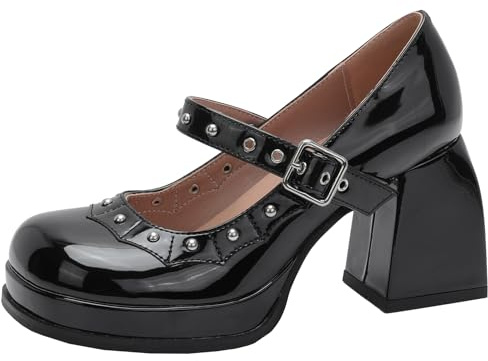 XIEPP Mary Jane-pumps med rund tå och knubbig klack för kvinnor retro, svart, 41 EU