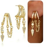 14K Gold Plated Drop Chain Earrings for Women Trendy Jewellery Sterling Silver Triple Huggie Earrings Dainty Dangle Earring Small Hoops Statement Long Fashion Non Tarnish Jewelry