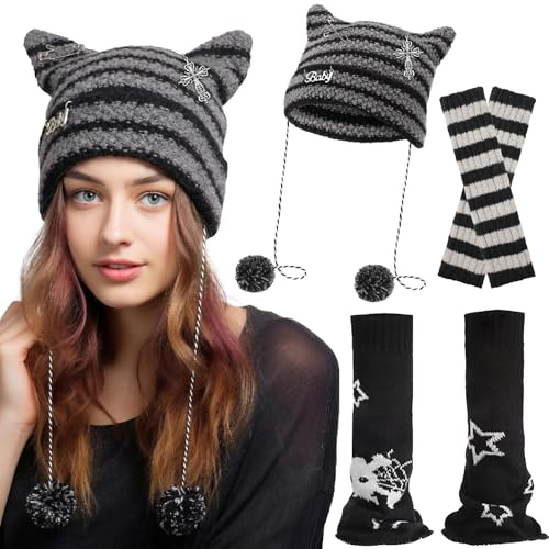 ViEinkaufen Y2K Leg Warmers Set with Cat Ear Beanie & Arm Warmers, 80s Retro Knitted Boot Socks & Wrist Warmers for Women, Fluffy Black Christmas Cosplay Kawaii Grunge Accessories