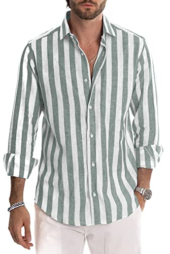 JMIERR Mens Linen Shirts Long Sleeve Button Down Striped Shirts,L,Green