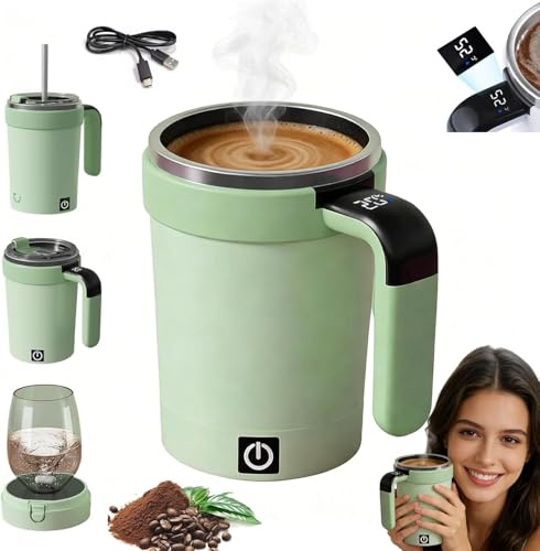 Self Stirring Coffee Mug,Rechargeable Automatic Mixing Cup with LED Temperature Display,Travel Mug with Whisk and Detachable Base for Coffee, Protein Shakes, Matcha,Milk and More (Green, 380ml)