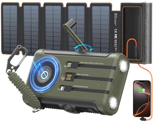 Solar Power Bank with 10W Solar Panel Charger Pack and Hand Crank 20000mAh | 20W Fast Charging,Built in 3 Cables,15W Magnetic Wireless Charging,External Battery Bank for Cell Phones,Camping Flashlight