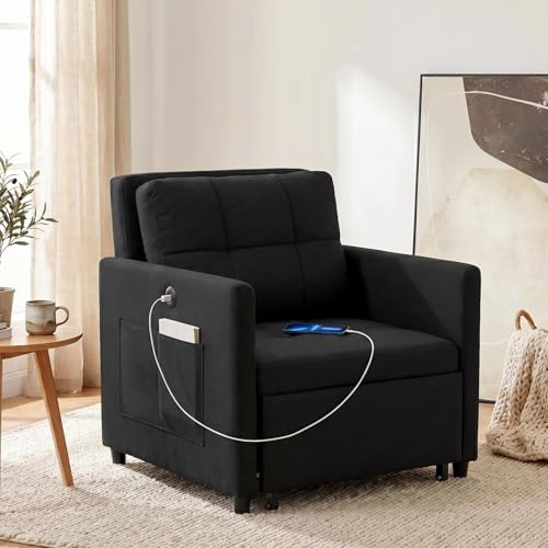 Gantepein 3 in 1 Single Sofa Chair Bed,Convertible Sleeper Chair with USB & Type-C Ports,Pull Out Couch Bed with Storage Pockets and 5 Adjustable Backrest for Home Office,Bedroom,Living Room,Black