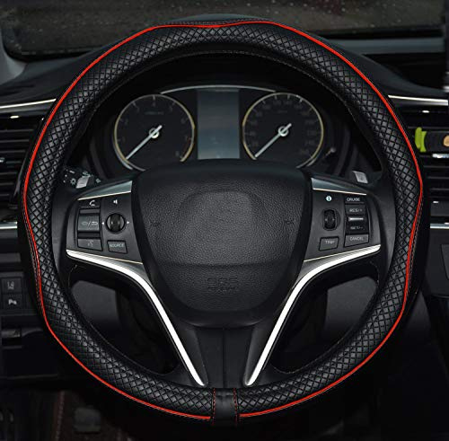Rueesh Funda de Cuero de Microfibra para Volante de Coche, Acolchado Suave, Duradera, sin Olor, Funda Universal de 15 Pulgadas, patrón de Relieve Antideslizante, Color Negro con línea roja