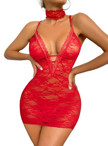 Avidlove Women Babydoll Lingerie Lace Chemise Halter Nightwear Teddy Dress (Medium, Red)