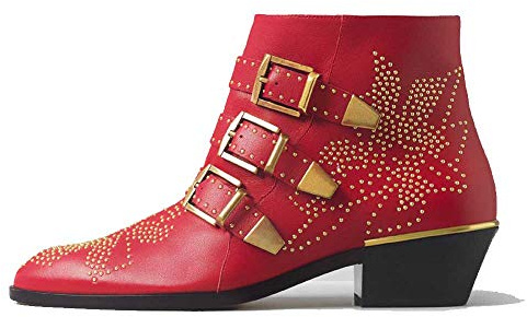 Verocara Botines tachonados para mujer con puntera de almendra con correa de hebilla de remache y tacón bajo de bloque de cuero para señora botines, G Red Lea, 37 EU