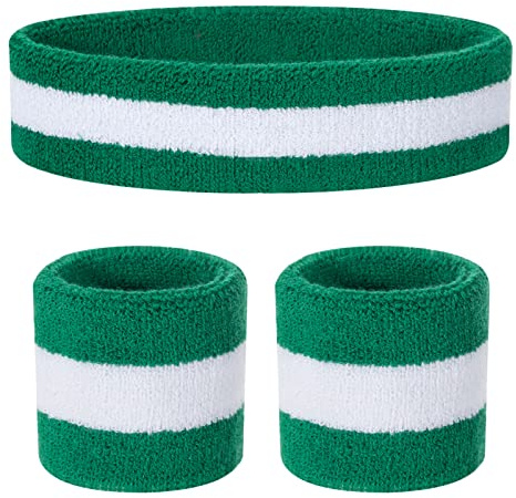 ONUPGO Set di fasce per il sudore per bambini, in cotone, per sport, 1 fascia + 2 polsiere (verde/bianco/verde)