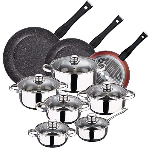 San Ignacio PK4771 PACK DE 3 SARTENES 20/24 y 28 cms + BATERÍA DE COCINA DE 12PC EN ACERO INOXIDABLE, Cobre/Cromado