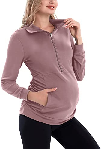 GINKANA Women's Maternity Sweatshirt Long Sleeve Kangaroo Pocket Shirt Casual Pregnancy Lapel Sweatshirt Half Zipper Tops,Mauve,L
