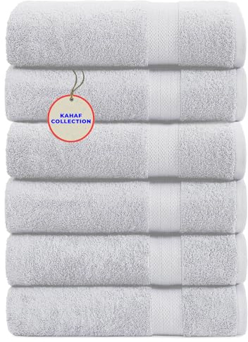 KAHAF COLLECTION 100% Cotton Bath Towel Set, White 24x48 Pack of 6 Towels, Quick Dry, Highly Absorbent, Soft Feel Towel, Gym, Spa, Bathroom, Shower, Pool, Luxury Soft Towels Light-Weight