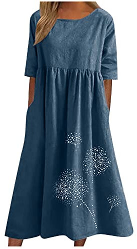 Sommerkleid Damen Lang Kleider Lose Leinen Maxikleid mit Taschen S-5XL Kurzarm Loose Casual Long Kleider einfarbig Löwenzahn Druck Swing Freizeit Boho Kleider für Rundhals Strandkleid Blumenkleid