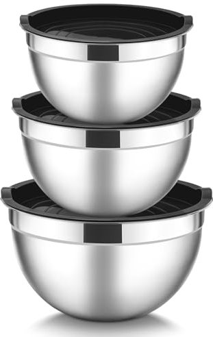 HaWare Mixing Bowls Set of 3, Stainless Steel Salad Nesting Bowls with Airtight Lids for Baking/Prepping/Serving/Food Storage, Heavy Duty & Dishwasher Safe - 1.5/3/4.5QT, Black