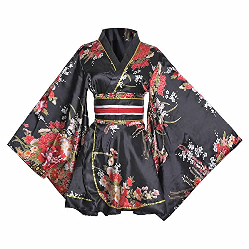 Costume da Kimono Corto e Sexy per Donna, Abito Giapponese Yukata con Stampe, Abito Elegante con Cintura Obi, 1# nero., One Size
