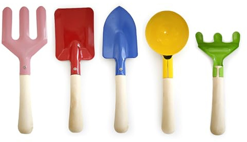 KY-Tech Beach Toys for Kids, 5 Piece Sand Toys for Kids, Sand Pit Toys Spade Beach Set Made of Metal with Sturdy Wooden Handle Sand Spade, Fork, Trowel, Spoon & Rake for Kids