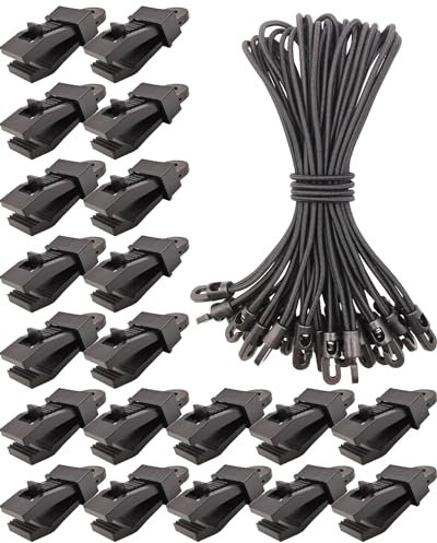 WMZOBH 20 Stück Planenclips + 20 Stück Spanngummi mit Haken 25cm - Zeltplane Clips Planenbefestigung - Tarp Clips für Zelt Camping (Schwarz)