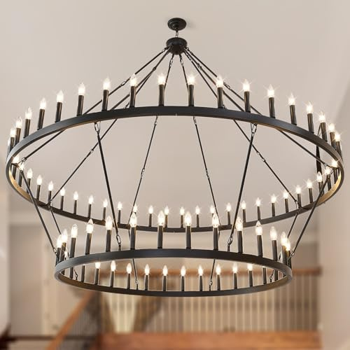 VBKK 80-Inch Black 2 Tier Wagon Wheel Chandelier, 80-Light Double Tier Extra Large Foyer Lighting, Candle Industrial Round Iron Chandelier for High Ceilings, Dining Room, Entryway, E12