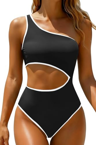 Yonique Women's One Piece Bathing Suit One Shoulder Swimsuit Cutout Swimwear Monokini, Black White, Large
