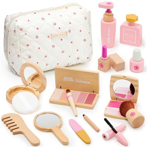 Atoylink Holz Kinderschminke Set Mädchen Kinder Schminke Makeup Spielzeug Rollenspiel Beauty Set Schminkkoffer Schminkset Holzspielzeug Weihnachten Geburtstags Geschenk für Mädchen ab 3 4 5 6 7 Jahre