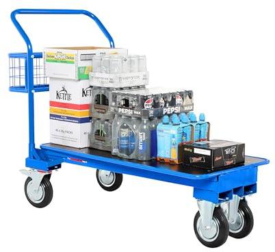 The Workplace Depot Cash and Carry Platform Trolley – Heavy-Duty 500kg Capacity, Blue Steel, Nestable Design with Integrated Storage for Retail, Warehouse & Distribution Applications