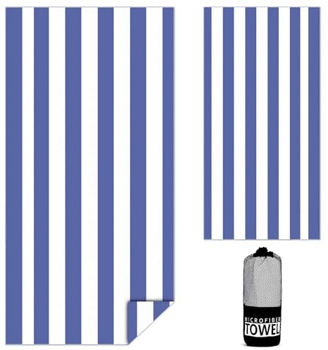 Ainiv Strandtuch, Strandhandtuch Groß, 80x180 cm Gestreiftes Beach Towel/Badetuch, Weiches Sport Yoga Handtuch mit Tasche, Schnelltrocknendes Microfaser Pooltuch für Bad, Reisen, Sport-Dunkelblau