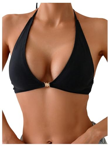 SOLY HUX Women's Halter Bikini Top Tie Back Bathing Suit Summer Beach Swimsuit Tops Solid Black Small