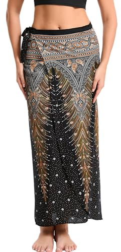 Panegy Womens 2in 1 Vintage Maxi Skirt Printed Boho Summer Beach Dress High Waist Elegant Wrap-Around Skirt Black