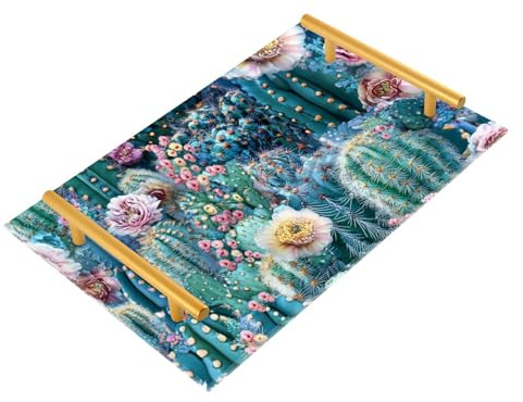 Fantasy Cactus - Bandeja decorativa de mesa con asas, bandejas de plástico para servir joyas, perfumes, cocina, charolas para mesa de centro