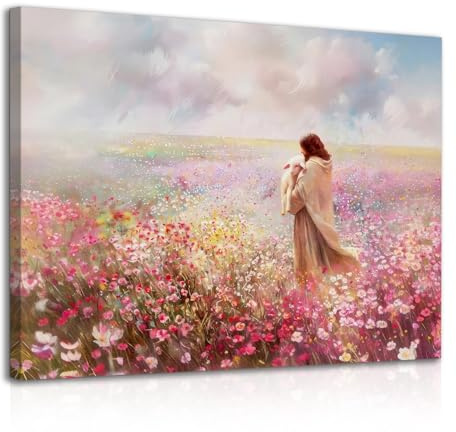 Dazzlewall Enmarcado Arte de Pared Cristiano, Jesús Abraza al Corderoen Campo de Flores Pintura Impresiónpara Decoración de Sala de Oración de Dormitorio de Iglesia 12x16 in