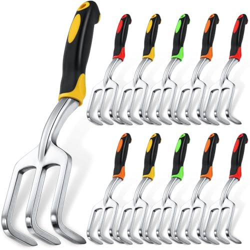 Yaocom 12 Pcs Hand Rake Garden Tool Mini Heavy Duty Garden Cultivator 11 Inch Small Rake Gardening Aluminum Alloy Hand Tiller with Handle for Digging Weeding Loose Soil (Red,Orange,Yellow,Green)