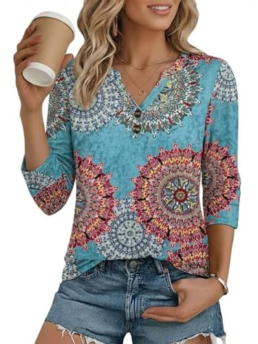 Cuptacc T-Shirts à Manches Courtes Femme Léger Tee Shirt Femme Manche 3/4 Coton Décontractés Henley Boutonné Extensible