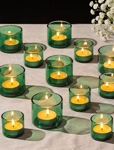 Romadedi Portavelas de cristal para velas de té, color verde, 12 unidades, para velas de té, decoración de mesa, portavelas votivas, vasos para velas, bodas, fiestas o casa