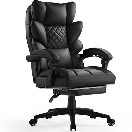 Dowinx Big and Tall Office Chair with Pocket Spring Cushion,High Back Computer Gaming Chairs with Linkage Armrests,Executive Desk Chairs with Footrest,PU Leather-Black