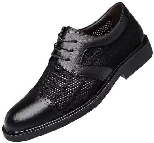 Zapatos de vestir hombre calados transpirables, Oxford casuales de malla y cuero con cordones, suela blanda antideslizante resistente al desgaste Negro Beige