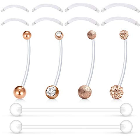 Mayhoop 14Pcs Piercing de Nombril Grossesse 14G Acrylique Flexible Clair 32mm Retainer Anneau de Nombril Femmes Enceintes Sports avec Barre Acrylique 12-18mm Piercing de Ventre Or Rose