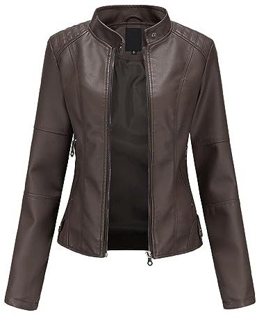 YYNUDA Leather Jacket Women PU Biker Moto Jacket Zip Up Classic Short Bomber Jacket Standing Collar Motorcycle Coat Coffee L