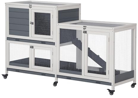 PawHut Wooden Rabbit Hutch Bunny Hutch Elevated Pet House Cage Small Animal Habitat with No Leak Tray Lockable Door Openable Top for Indoor 57.75 x 18 x 32.5 Grey