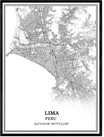 Lima Peru karta väggkonst canvas tryck affisch konstverk oinramad modern svart och vit karta souvenir gåva heminredning -28 x 35 cm