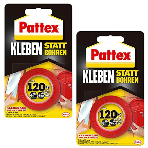 Henkel Pattex Kleben statt Bohren Klebeband, extra starkes doppelseitiges Klebeband, Doppelklebeband für Montagearbeiten innen & außen, Wandbefestigung ohne Bohren, Vorteilspack mit 2 Stück, 9H PXMT2X