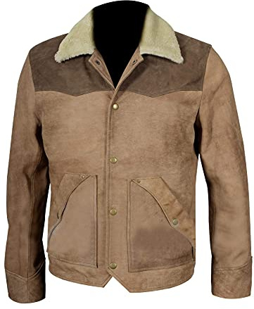 e_Genius Chaqueta de piel de gamuza marrón Kevin Costner Cowboy John Dutton Stone Brown para hombre con cuello de piel, Chaqueta de piel de ante marrón, L