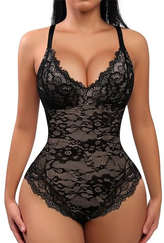 FeelinGirl Bodysuit for Women Tummy Control Lace Shapewear V Neck Backless Tank Tops One Piece Body Shaper Thongs Black L