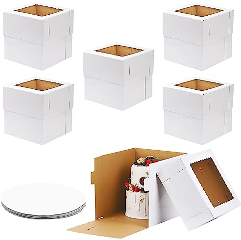 Moretoes 6 Pack 12x12x12 Inches Tall Cake Boxes with Boards for Tier Cakes, Thick Sturdy Bakery Box with Window for Valentine's Day, Mother's Day, Birthday, Wedding, Party